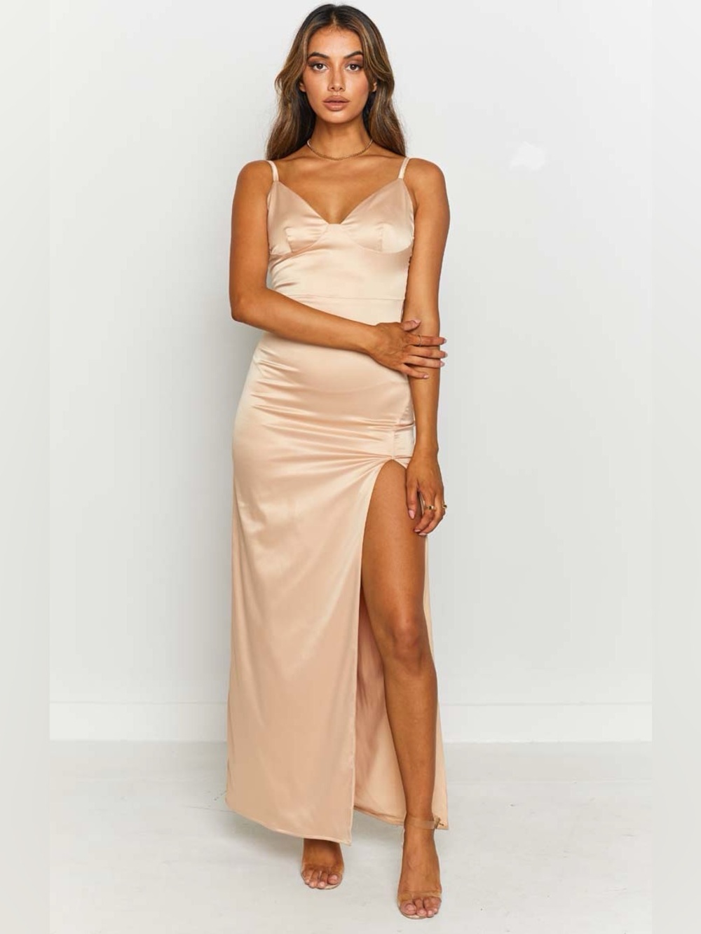 The Edit Freesia Formal Dress Medium Champagne Side Slit Satin Open Back Maxi - Picture 5 of 12
